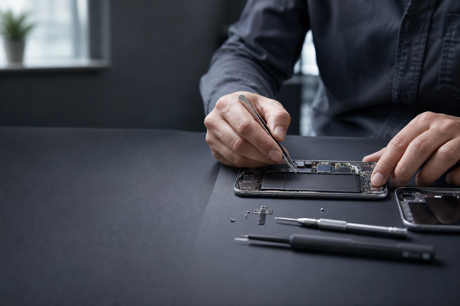 Hands repairing phone internals with tweezers