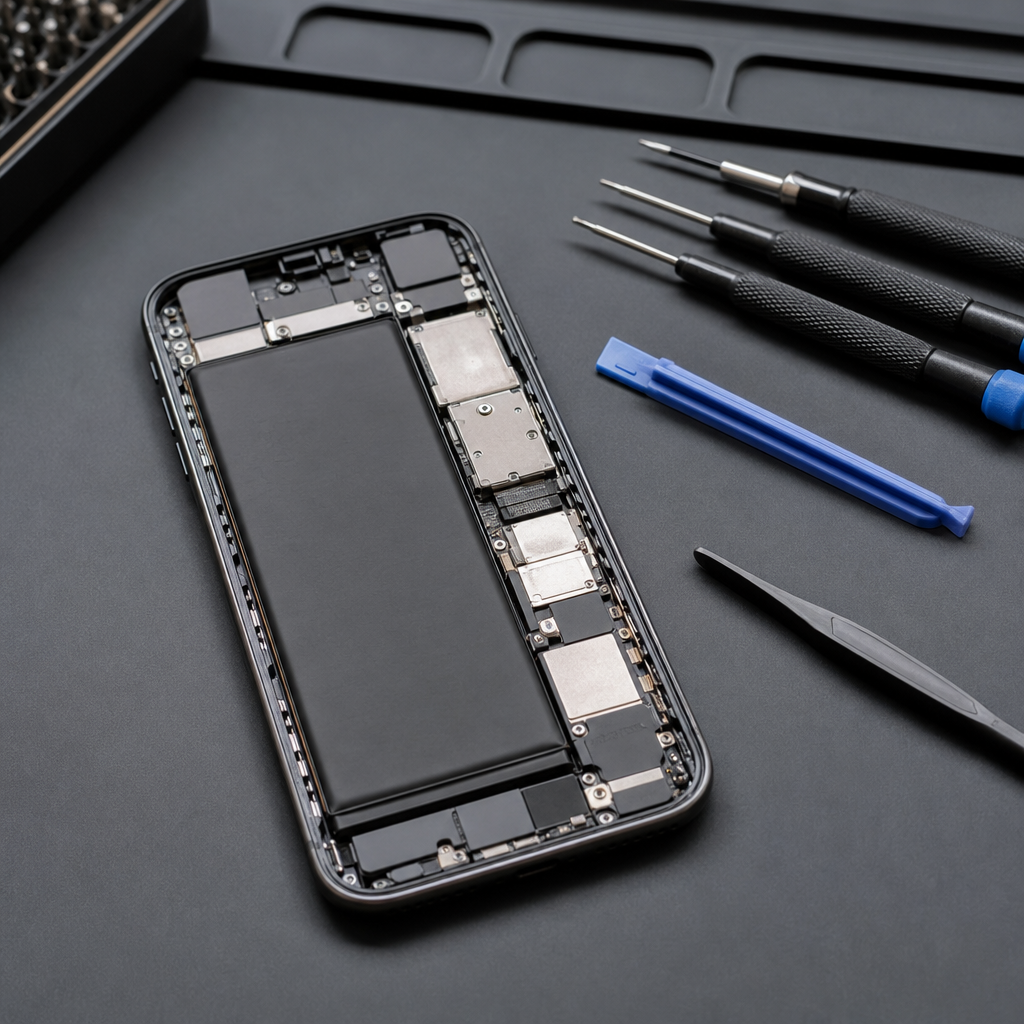 Disassembled phone with precision screwdrivers and tools
