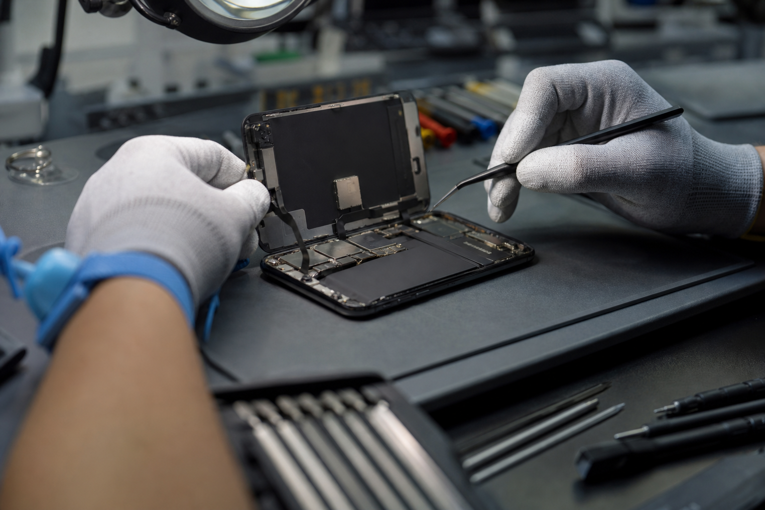 Technician inspecting an open smartphone on the repair bench