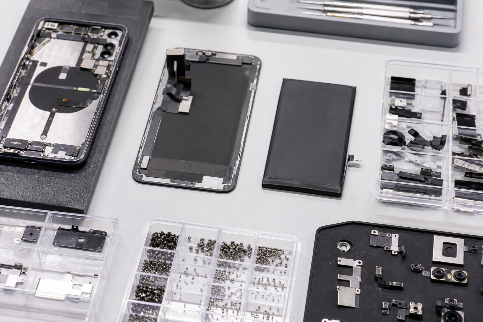 Screen, battery and spare parts laid out for repair